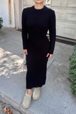 Siyah Bria Bisiklet Yaka Kadin Kalin Triko Midi Elbise - Resim 4