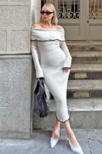 Beyaz Madonna Yaka Kadin Triko Midi Elbise - Resim 1