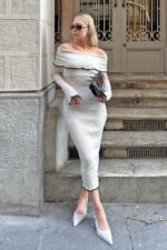 Beyaz Madonna Yaka Kadin Triko Midi Elbise - Resim 3