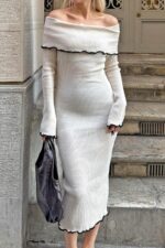 Beyaz Madonna Yaka Kadin Triko Midi Elbise - Resim 4