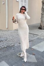 Bej Bria Bisiklet Yaka Kadin Kalin Triko Midi Elbise - Resim 2