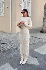 Bej Bria Bisiklet Yaka Kadin Kalin Triko Midi Elbise - Resim 3