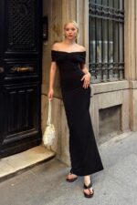 Siyah Nico Drapeli Madonna Yaka Yirtmacli Kadin Midi Elbise - Resim 3