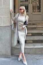 Bej Monero Bisiklet Yaka Intersiye Cizgili Kadin Triko Midi Elbise - Resim 2