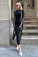 Siyah Monero Bisiklet Yaka Intersiye Cizgili Kadin Triko Midi Elbise - Resim 1