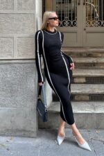 Siyah Monero Bisiklet Yaka Intersiye Cizgili Kadin Triko Midi Elbise - Resim 2