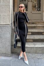 Siyah Monero Bisiklet Yaka Intersiye Cizgili Kadin Triko Midi Elbise - Resim 3