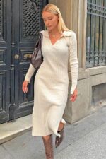 Bej Polo Yaka Kol Detay Kadin Triko Midi Elbise - Resim 1