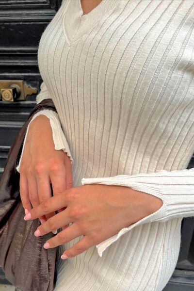 Bej Polo Yaka Kol Detay Kadin Triko Midi Elbise - Resim 2