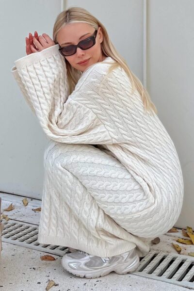 Bej Bisiklet Yaka Sac Orgulu Kadin Triko Midi Elbise - Resim 1