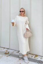 Bej Bisiklet Yaka Sac Orgulu Kadin Triko Midi Elbise - Resim 4