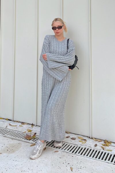 Gri Bisiklet Yaka Sac Orgulu Kadin Triko Midi Elbise - Resim 2