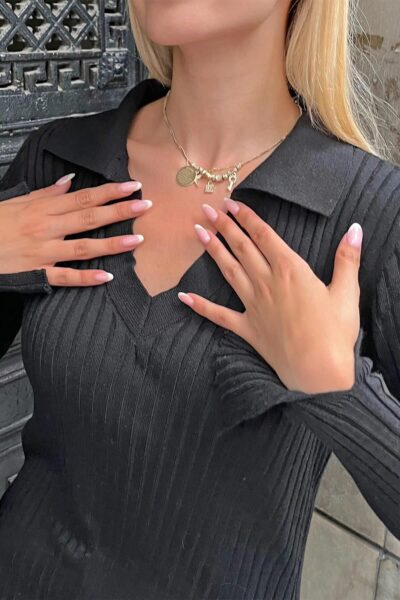 Siyah Polo Yaka Kol Detay Kadin Triko Midi Elbise - Resim 2