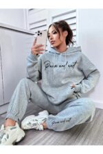 Pause Kapusonlu Kombin Alt Ust Esofman Takimi Siyah Baskili Oversize Lastik Paca - Resim 3