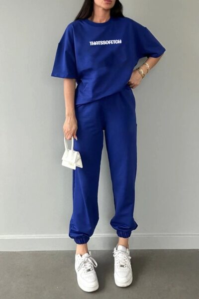Thatssofetch T Shirt Esofman Alti Jogger Mavi Baski Alt Ust Esofman Takimi Oversize Bisiklet Yaka - Resim 1