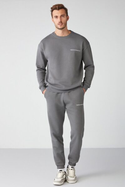 Marshall Erkek Pamuklu Ici Polarli Nakisli Relaxed Gri Esofman Takimi - Resim 1