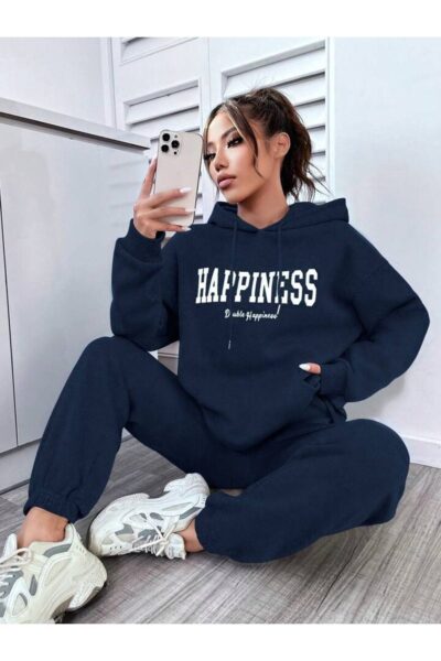 Happiness Esofman Takimi Sweatshirt Jogger Lacivert Baskili Oversize Sardonlu Kapusonlu - Resim 1