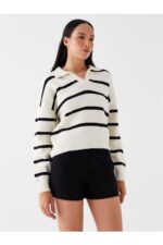 Polo Yaka Cizgili Uzun Kollu Oversize Kadin Triko Kazak - Resim 2