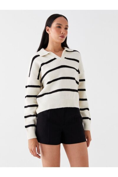 Polo Yaka Cizgili Uzun Kollu Oversize Kadin Triko Kazak - Resim 2