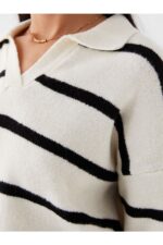 Polo Yaka Cizgili Uzun Kollu Oversize Kadin Triko Kazak - Resim 4