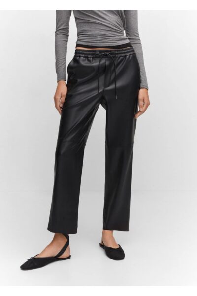 Deri Gorunumlu Beli Elastik Pantolon - Resim 1