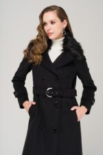 Yakasi Cikabilen Kurklu Kruvaze Manto Siyah 3991 - Resim 3