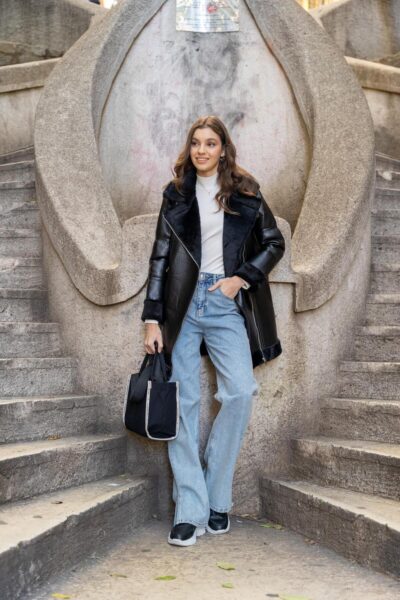 Kruvaze Fermuarli Ici Kurklu Deri Mont Siyah 6514 D - Resim 1