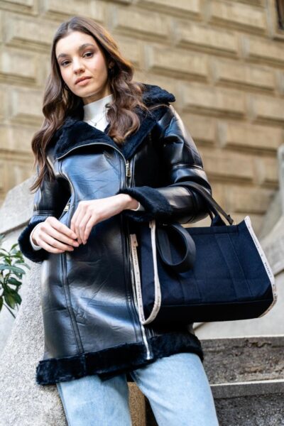 Kruvaze Fermuarli Ici Kurklu Deri Mont Siyah 6514 D - Resim 2