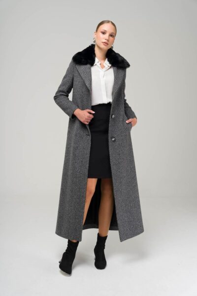 Yakasi Cikabilen Kurklu Balik Sirti Desenli Manto Siyah 3789 Y - Resim 1