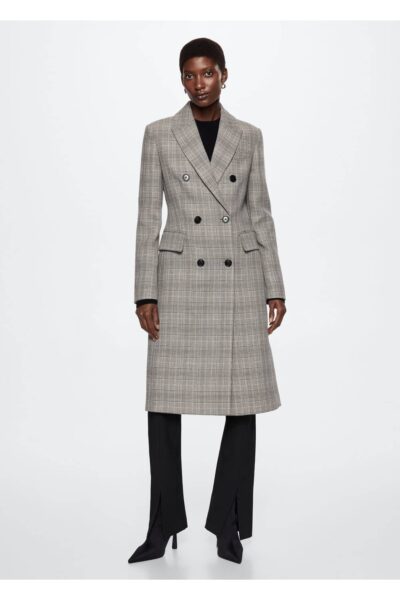 Kruvaze Kesim Kareli Palto - Resim 2