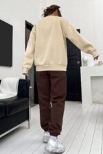 Kadin Kahverengi Bej Brooklyn Baski Oversize Bisiklet Yaka Alt Ust Esofman Takimi - Resim 3