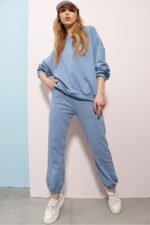 Kadin Gok Mavisi Bisiklet Yaka Bel Ve Paca Lastikli Iki Iplik Basic Esofman Takimi Alc 507 669 001 - Resim 2