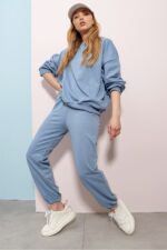 Kadin Gok Mavisi Bisiklet Yaka Bel Ve Paca Lastikli Iki Iplik Basic Esofman Takimi Alc 507 669 001 - Resim 3