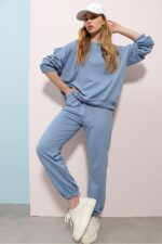 Kadin Gok Mavisi Bisiklet Yaka Bel Ve Paca Lastikli Iki Iplik Basic Esofman Takimi Alc 507 669 001 - Resim 4