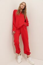 Kadin Kirmizi Bisiklet Yaka Beli Ve Pacasi Lastikli Iki Iplik Basic Esofman Takimi Alc 507 669 001 - Resim 4