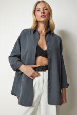 Kadin Fume Oversize Uzun Basic Gomlek Dd00842 - Resim 2