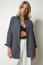 Kadin Fume Oversize Uzun Basic Gomlek Dd00842 - Resim 3