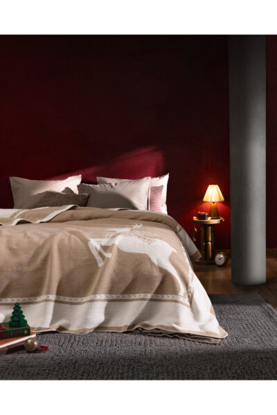 Mozal Cift Kisilik Jakarli Pamuklu Battaniye Bej Ekru - Resim 1