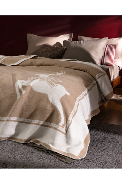 Mozal Cift Kisilik Jakarli Pamuklu Battaniye Bej Ekru - Resim 2