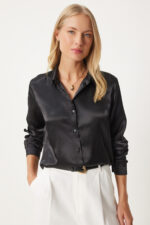 Kadin Siyah Hafif Dokumlu Saten Yuzeyli Gomlek Dd00990 - Resim 3
