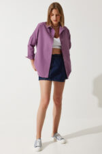 Kadin Koyu Lila Oversize Uzun Basic Gomlek Dd00842 - Resim 1