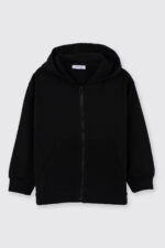 Erkek Cocuk Kapusonlu Fermuarli Siyah Sweatshirt - Resim 1