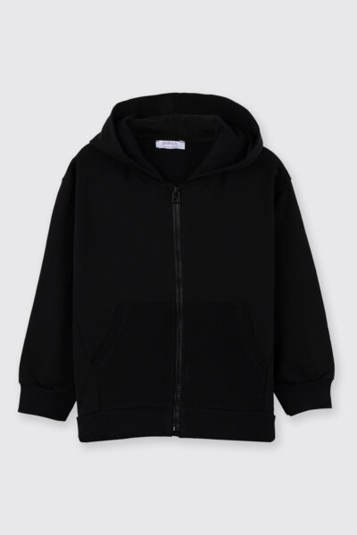 Erkek Cocuk Kapusonlu Fermuarli Siyah Sweatshirt - Resim 1