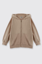 Erkek Cocuk Kapusonlu Fermuarli Bej Sweatshirt - Resim 1