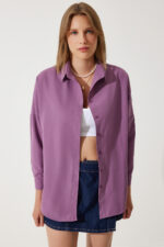 Kadin Koyu Lila Oversize Uzun Basic Gomlek Dd00842 - Resim 3
