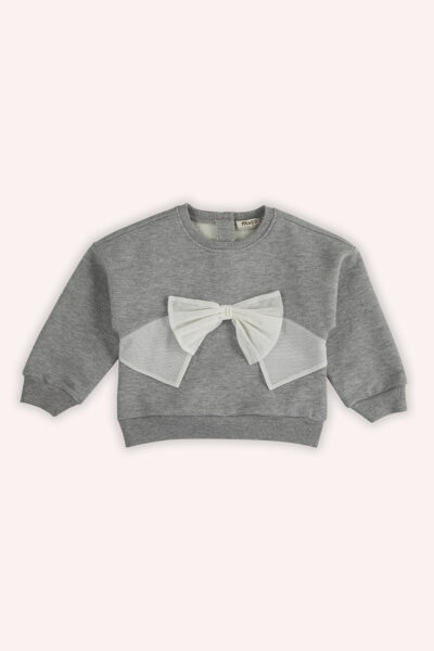 Kiz Bebek Tul Fiyonk Detayli Gri Melanj Sweatshirt - Resim 1