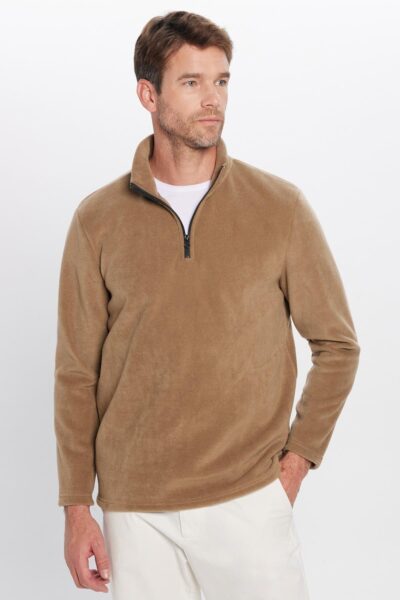 Unisex Standart Fit Anti Pilling Tuylenme Yapmayan Soguk Gecirmez Haki Bato Yaka Polar Sweatshirt - Resim 2