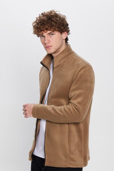 Unisex Haki Anti Pilling Tuylenme Yapmayan Standart Fit Tam Fermuarli Soguk Gecirmez Polar Hirka - Resim 1