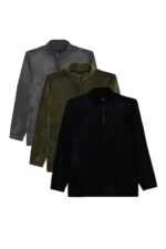 Unisex 3 Lu Paket Siyah Gri Haki Standart Fit Tuylenme Yapmayan Soguk Gecirmez Polar Sweatshirt - Resim 1