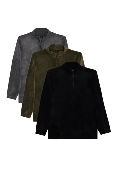 Unisex 3 Lu Paket Siyah Gri Haki Standart Fit Tuylenme Yapmayan Soguk Gecirmez Polar Sweatshirt - Resim 1